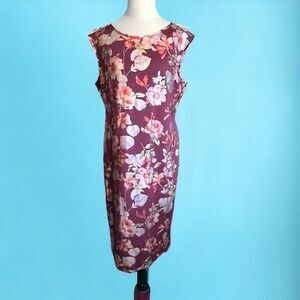 NY&Co Stretch Burgundy Floral Scuba Sheath Dress Foiled Print - Size L